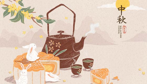 中国风设计兔子和月饼中秋节背景矢量素材(EPS)