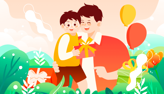 儿子给爸爸送礼物设计父亲节快乐矢量素材(EPS)