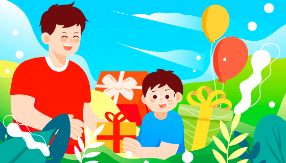 儿子给爸爸送礼物设计父亲节快乐矢量素材(EPS)