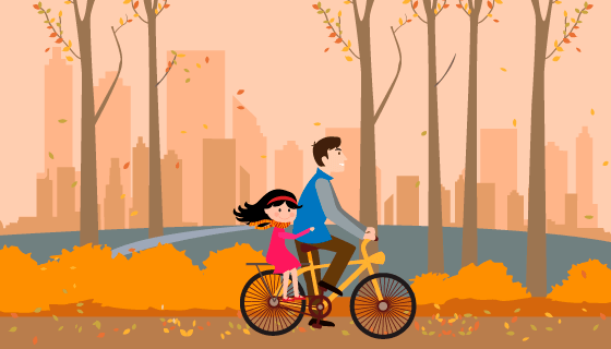 爸爸骑自行车载着儿女矢量素材(EPS)