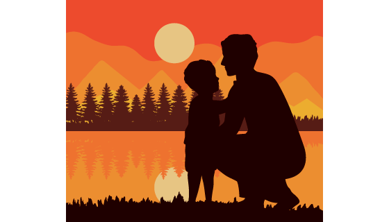 父亲带着孩子看日落矢量素材(EPS)