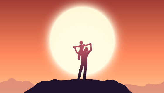 父亲带着孩子看日落景观矢量素材(EPS)