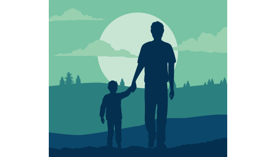 父亲带着孩子看日出景观矢量素材(EPS)