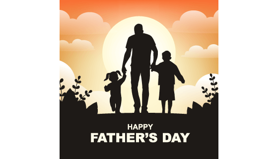 父亲牵着孩子们在夕阳下散步矢量素材(EPS)