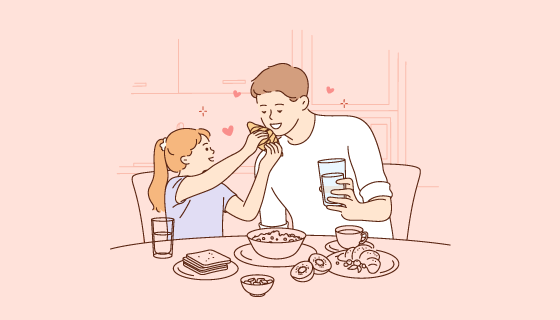 手绘风格爸爸和女儿一起吃早餐矢量素材(EPS)