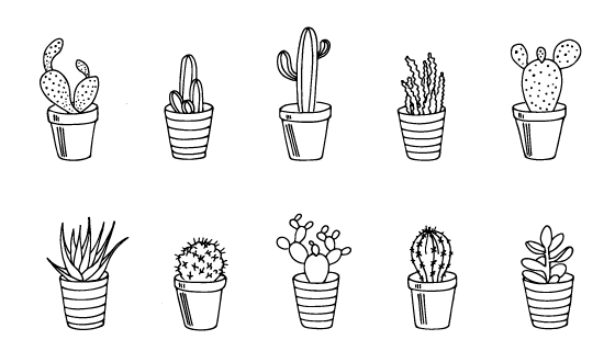 手绘风格的仙人掌芦荟盆栽矢量素材(EPS)