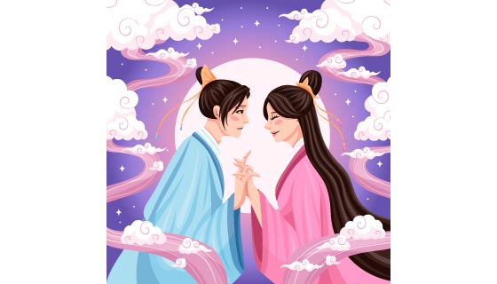 深情对视的牛郎织女七夕节背景矢量素材(AI/EPS)