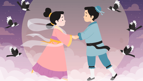 在鹊桥相遇的牛郎织女七夕节背景矢量素材(AI/EPS)