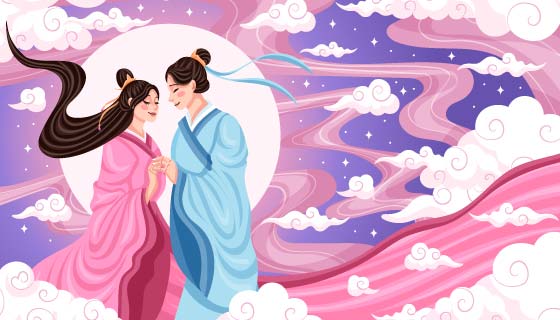在月亮上相遇的牛郎织女七夕节背景矢量素材(AI/EPS)