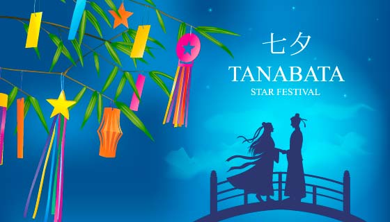 蓝色的牛郎织女相遇七夕节背景矢量素材(EPS)