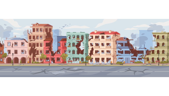 被地震损坏的城市道路和房屋矢量素材(EPS)