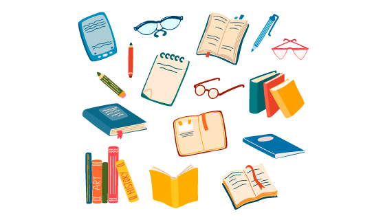 手绘风格的书籍眼镜和笔矢量素材(EPS/PNG)