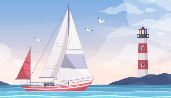 航行在海里的船和远处的灯塔矢量素材(EPS)