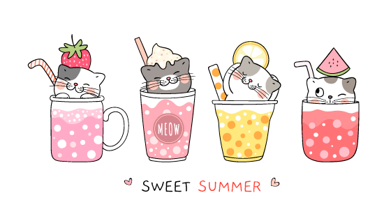 四杯可爱的猫咪冷饮矢量素材(EPS)