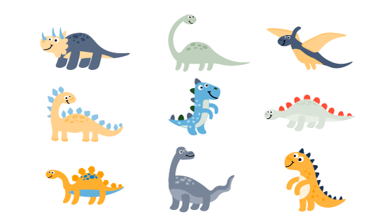 九个卡通可爱风格的恐龙矢量素材(EPS/PNG)