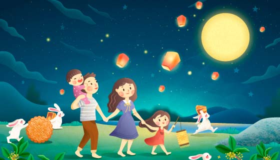 一家人欣赏月亮中秋节背景矢量素材(EPS)