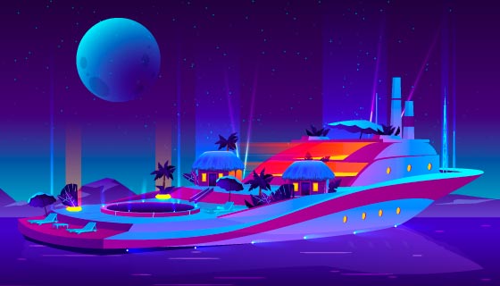 夜晚停在海边豪华游艇矢量素材(EPS)