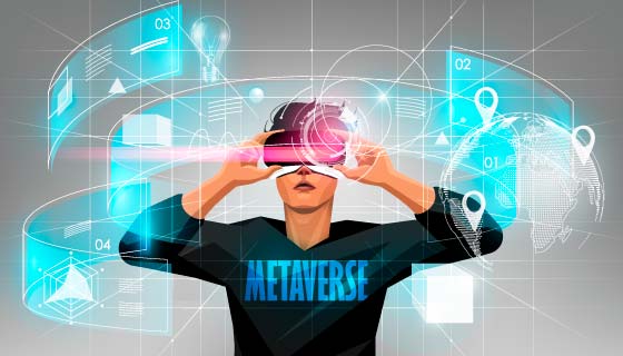 带着VR眼镜体验精彩虚拟世界的男子矢量素材(EPS)