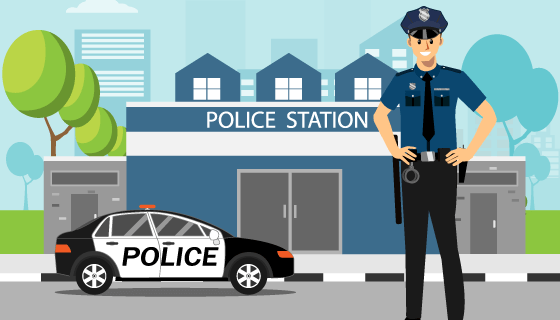 站在公安局和警察前的警察矢量素材(EPS)