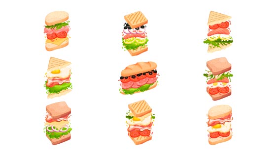 九个不同形状和搭配的三明治矢量素材(EPS/PNG)