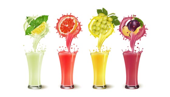 四杯逼真美味的果汁饮料矢量素材(EPS)