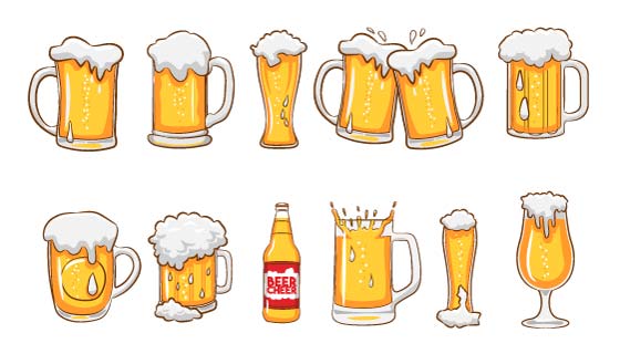 各种各样装满啤酒的啤酒杯矢量素材(EPS)