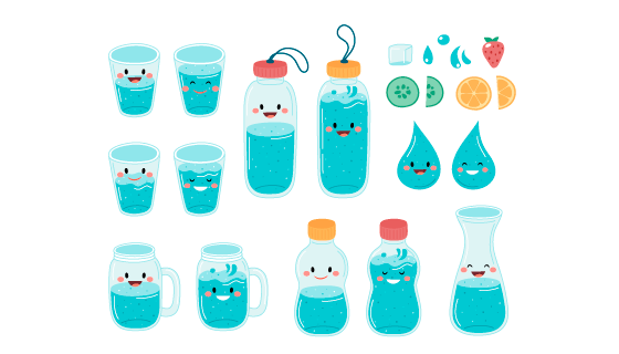 各种各样装着水的杯子和瓶子矢量素材(EPS)