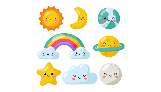 卡哇伊风格的太阳月亮星星彩虹等元素矢量素材(EPS)