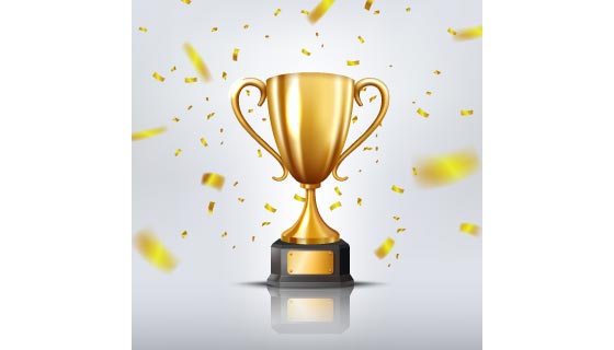 被金色纸屑围绕的金色奖杯矢量素材(EPS)