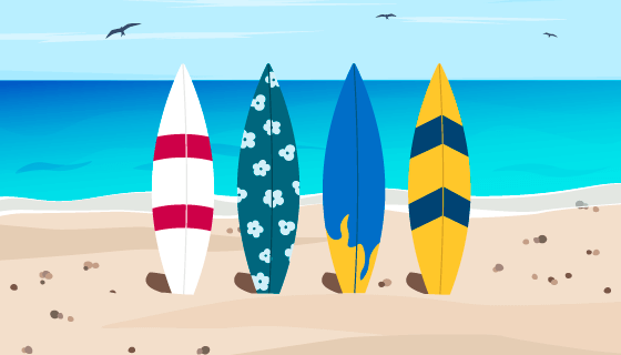 四个立在海滩上的冲浪板夏天背景矢量素材(EPS)
