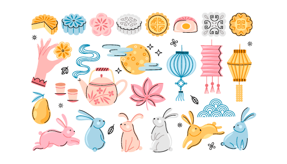 手绘月饼灯笼兔子中秋节元素矢量素材(EPS)