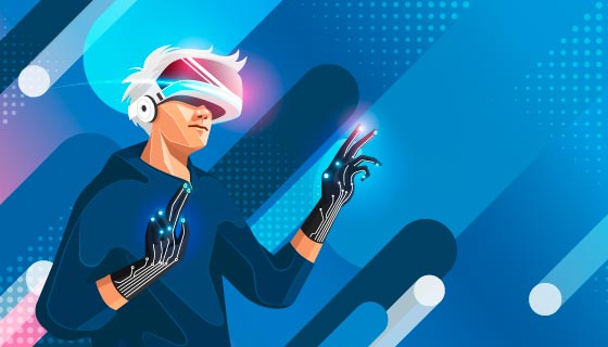 带着VR眼镜体验虚拟现实的男子矢量素材(EPS)