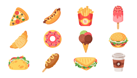 扁平风格的披萨薯条汉堡冰淇淋矢量素材(EPS)