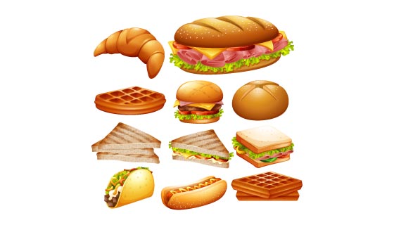 美味的汉堡三明治华夫饼等快餐矢量素材(EPS)