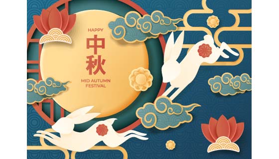 奔跑的兔子和月亮设计中秋节背景矢量素材(EPS)