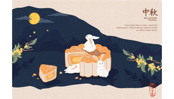 坐在月饼上赏月的兔子中秋节背景矢量素材(EPS)