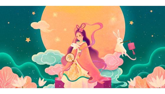 美丽的嫦娥和可爱的兔子设计中秋节矢量素材(EPS)