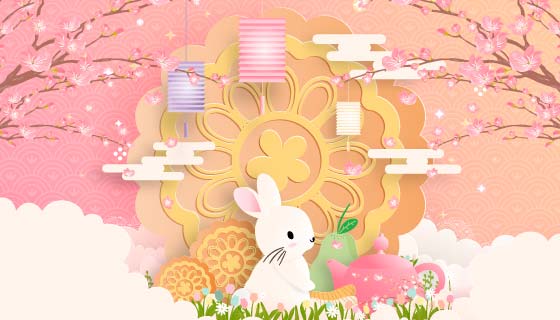 月饼灯笼兔子等剪纸设计中秋节矢量素材(EPS)