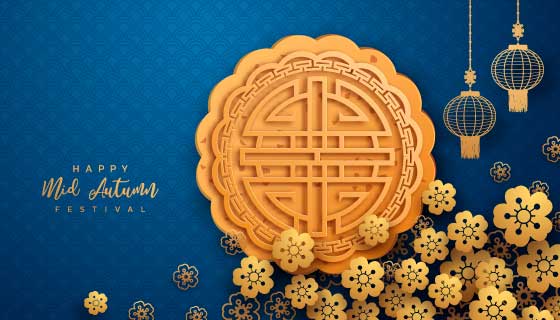 逼真的金黄色月饼设计中秋节背景矢量素材(EPS)