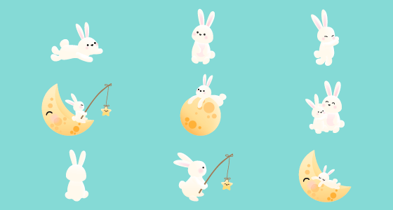 九个不同姿势的可爱小白兔矢量素材(EPS)