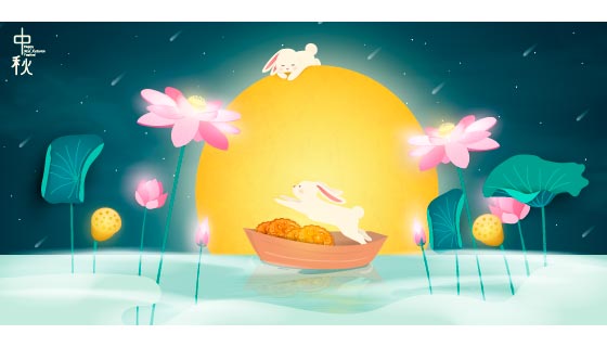 圆月下的美丽荷塘设计中秋节矢量素材(EPS)