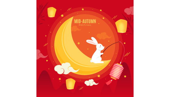 提着灯笼坐在月亮上的兔子设计中秋节背景矢量素材(AI/EPS)