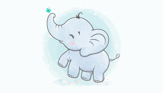 卡通水彩风格小象和蝴蝶嬉戏矢量素材(EPS)