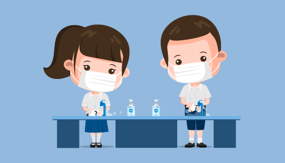 带着口罩洗手的小朋友们矢量素材(EPS)