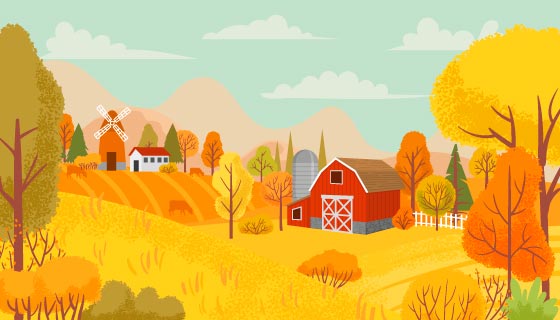 金黄色的农村秋收景观矢量素材(EPS)