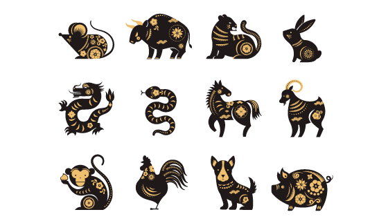 黑金色十二生肖动物图标矢量素材(EPS)