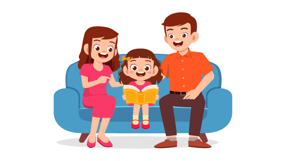 爸爸妈妈和小女孩一起读书矢量素材(EPS)