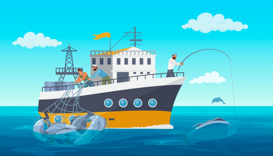 在船上捕鱼钓鱼的渔民矢量素材(EPS)