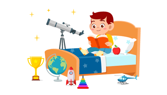 坐在床上探索知识海洋的小男孩矢量素材(EPS)