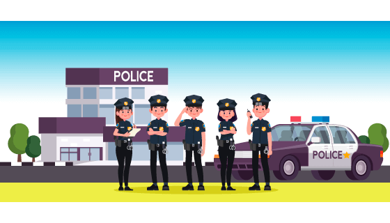 派出所大楼门口的警察和警车矢量素材(EPS)